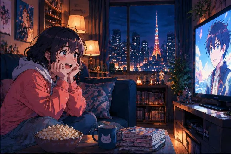 Anime-style manga18fx illustration of a new fan watching anime in a cozy city apartment