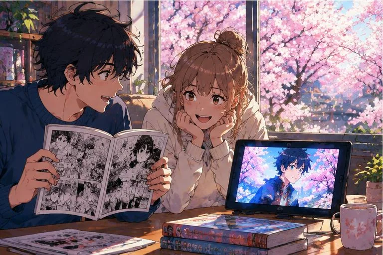 Anime-style manga18fx illustration of friends comparing a manga book and animated screen