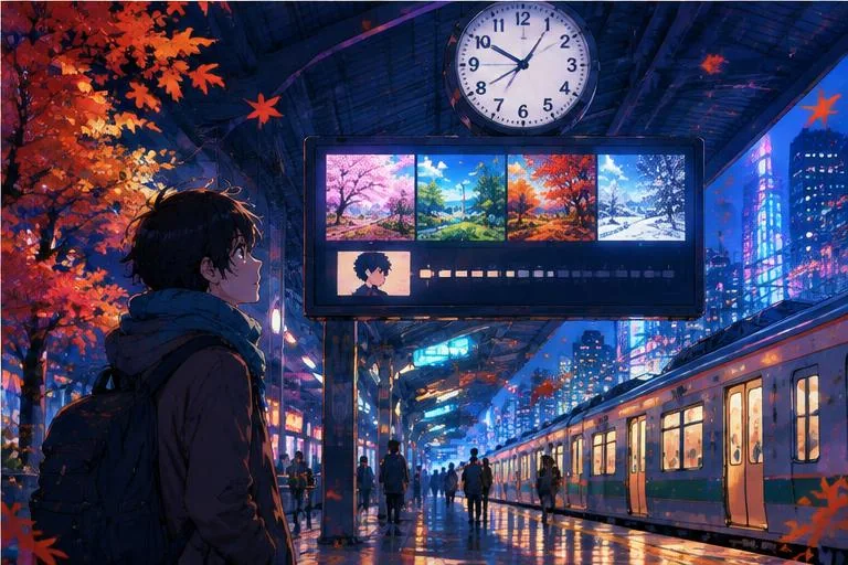 Anime-style manga18fx illustration of a fan at a train station beneath a seasonal display