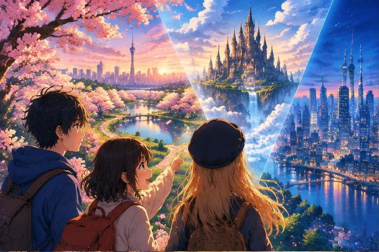 Anime-style manga18fx illustration of friends discovering fantasy and city stories