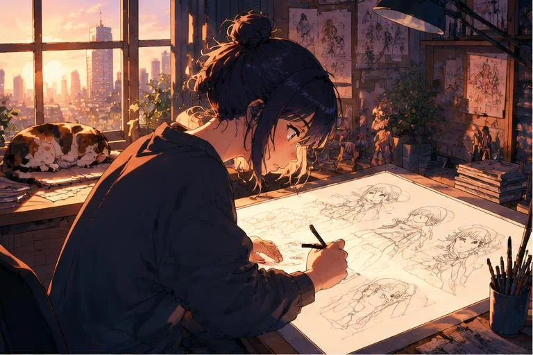 Illustration of a manga artist's desk with storyboard thumbnails and inking tools