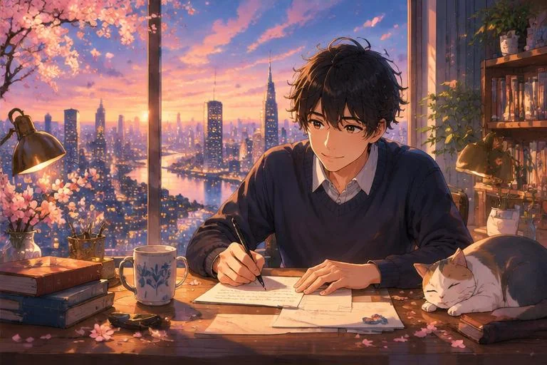 Original anime-style manga18fx illustration of a reader writing at a desk beside a city window