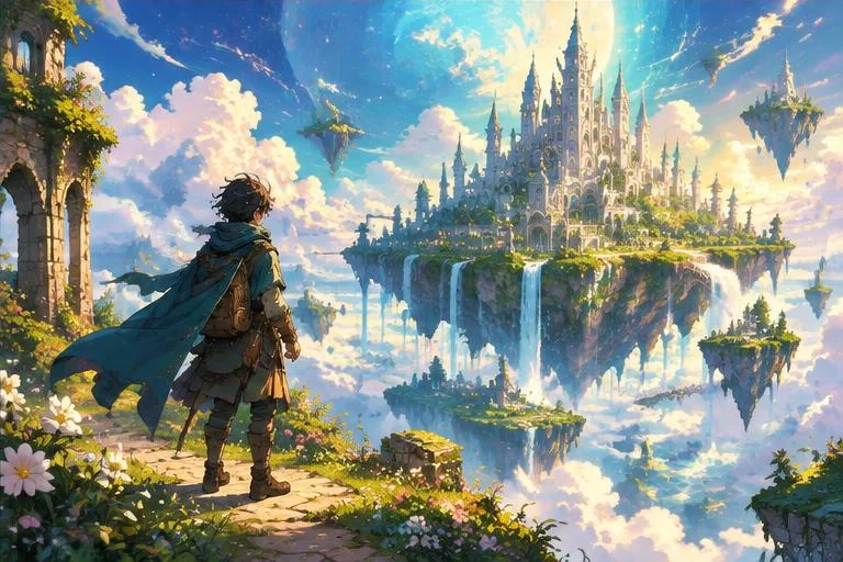 Anime-style manga18fx illustration of a traveler exploring a floating garden castle