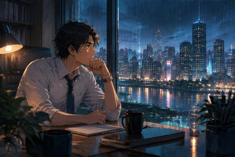 Anime-style manga18fx illustration of an adult reflecting beside a rainy city window