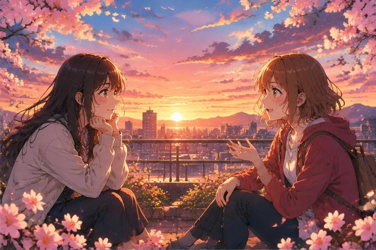 Anime-style manga18fx illustration of two friends talking on a blossom-filled rooftop