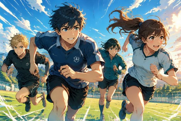 Anime-style manga18fx illustration of a team sprinting across a sunny field