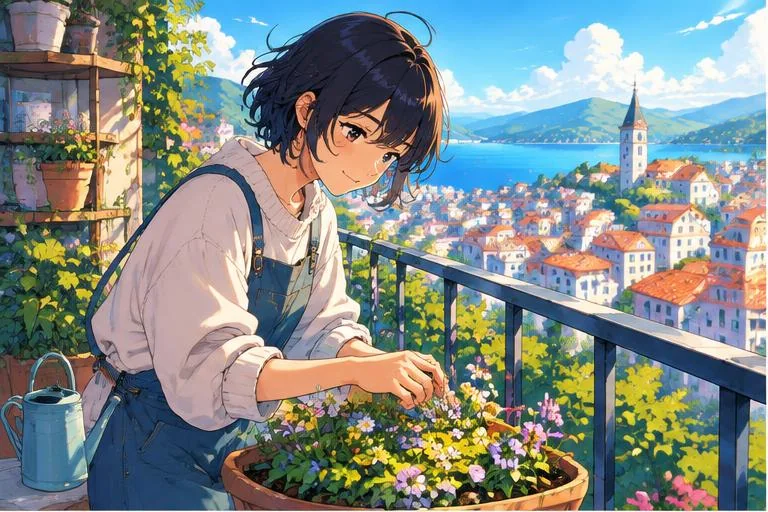 Anime-style manga18fx illustration of a gardener tending flowers above a coastal town
