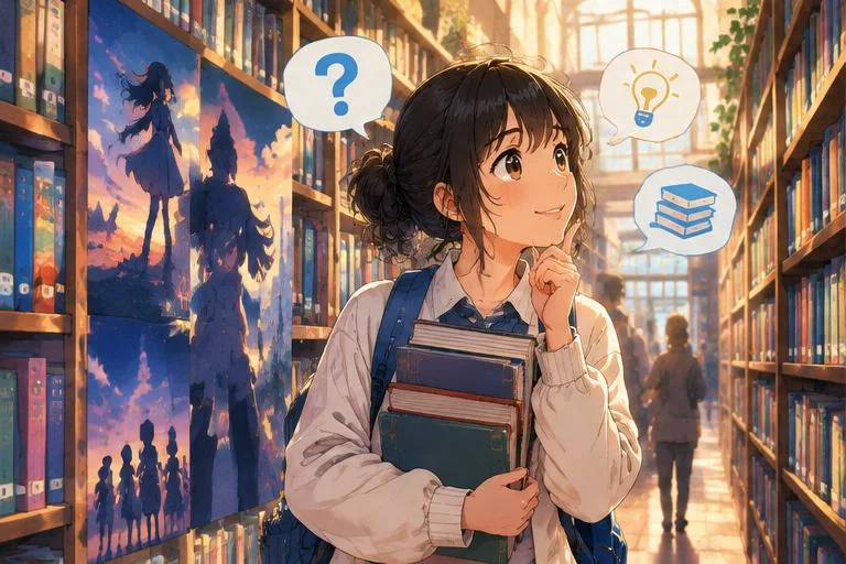 Original anime-style manga18fx illustration of a curious reader in a library