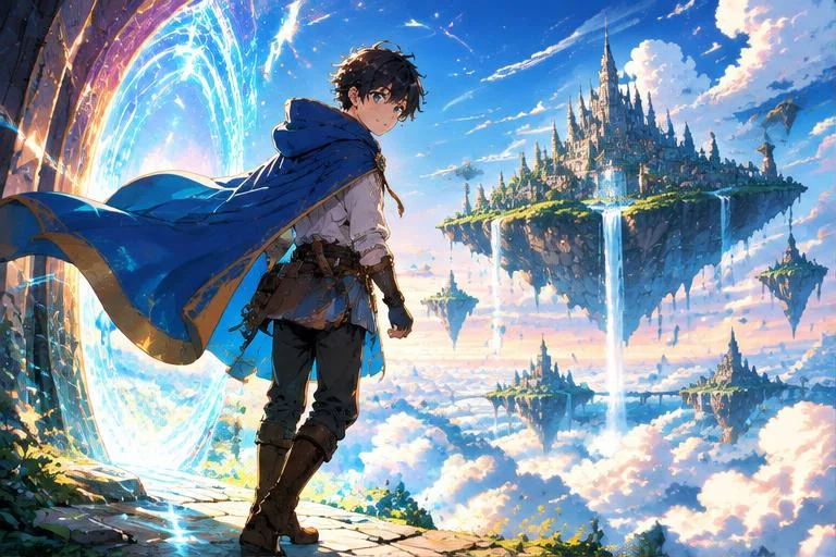 Anime-style manga18fx illustration of a traveler entering a luminous portal above clouds