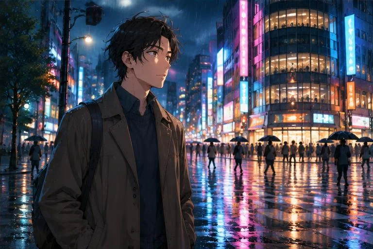 Anime-style manga18fx illustration of a thoughtful adult at a rainy neon city intersection