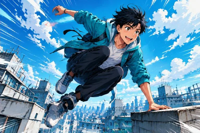 Original anime-style manga18fx illustration of a runner in motion beneath a bright sky