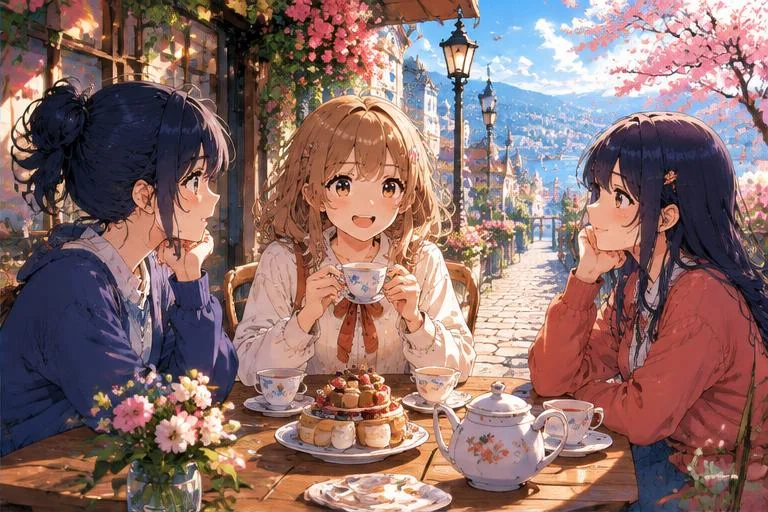 Anime-style manga18fx illustration of friends sharing tea at a cherry-blossom café