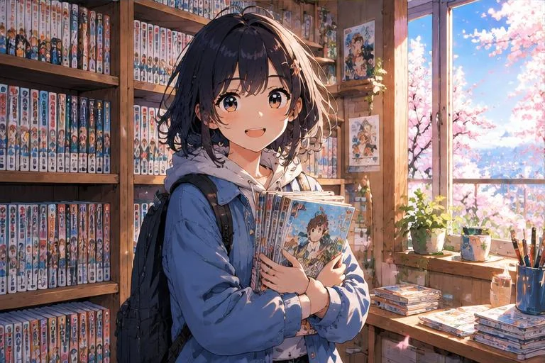 Original anime-style illustration of a manga18fx reader exploring books beside cherry blossoms