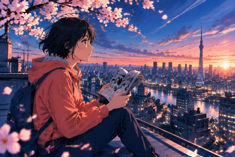 Original anime-style manga18fx illustration of a reader exploring manga beside cherry blossoms and a city skyline