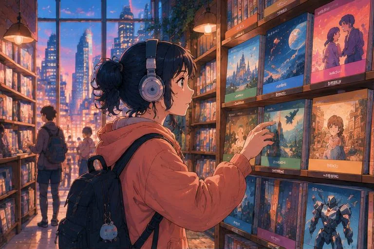 Anime-style manga18fx illustration of a viewer exploring anime stories in a city bookshop